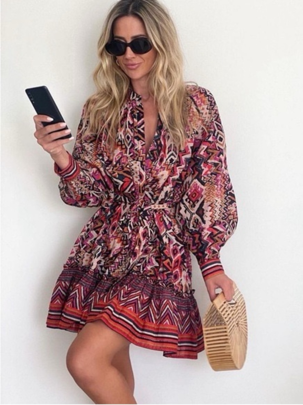 Zara The Angie Geometric Boho Long Sleeve Dress Size Large